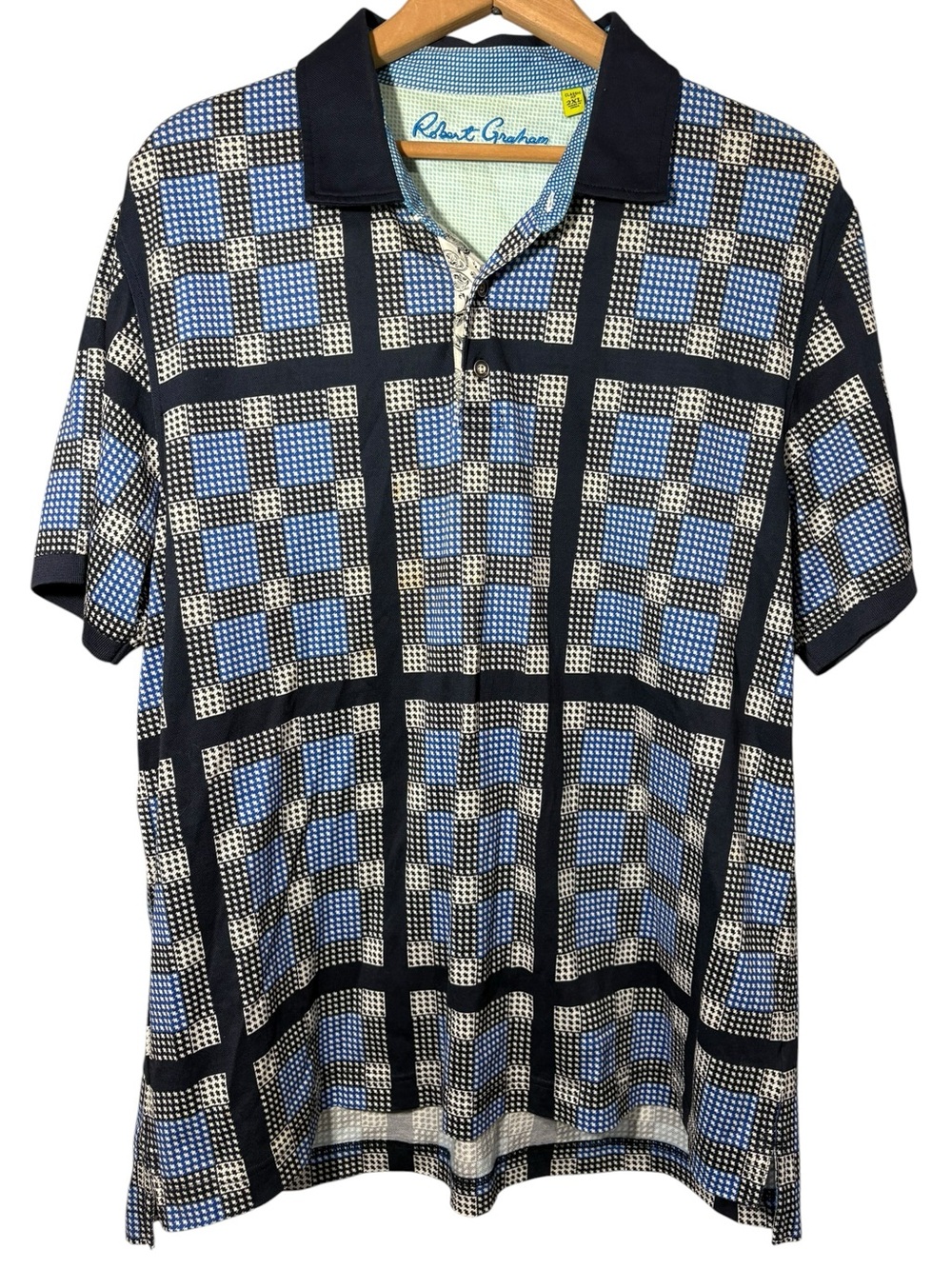 ROBERT GRAHAM | Men's Navy and Light Blue Check Polo Shirt size 2XL Classic Fit